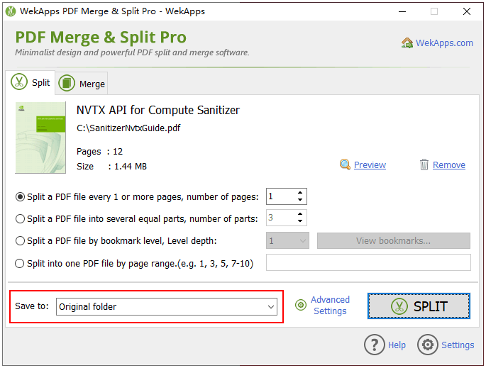WekApps PDF Merge & Split - select the output location