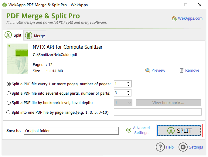 WekApps PDF Merge & Split - PDF splitting complete
